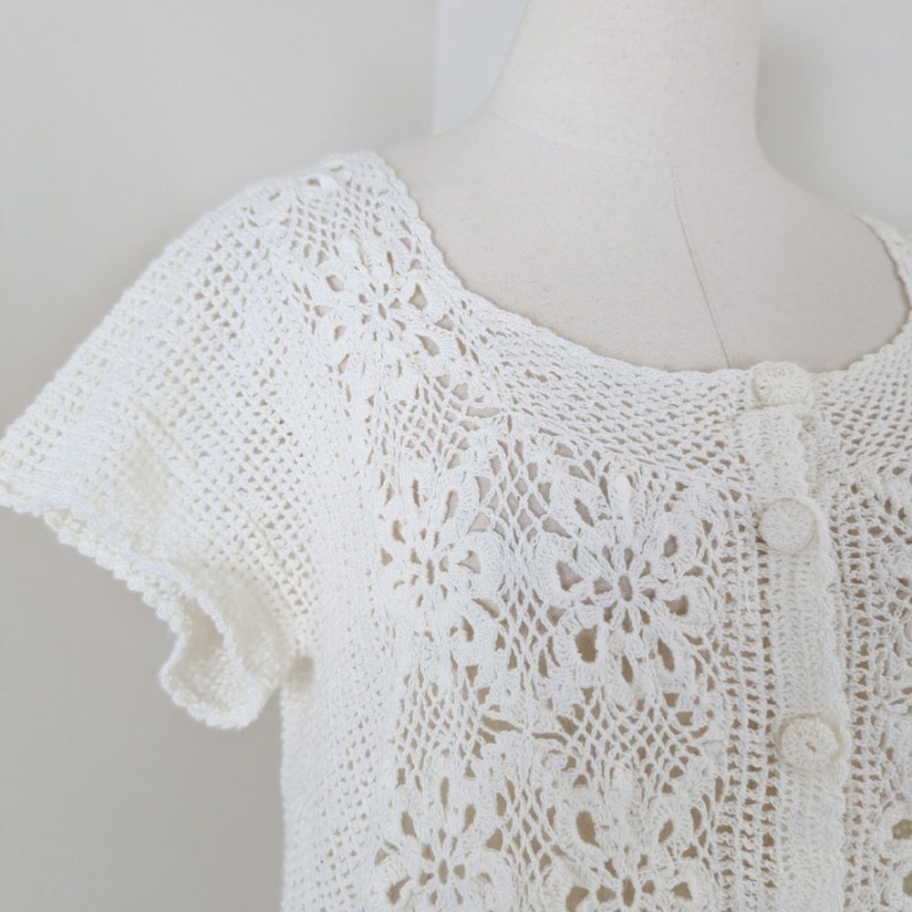 Vintage Crochet Button Down Cardigan Short Sleeve Size Medium - Picture 4 of 10